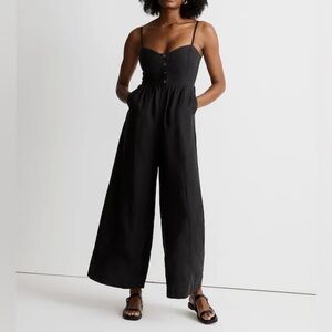 Madewell Black Wide-Leg Sleeveless Linen Jumpsuit Pockets Smocked Back Size 12